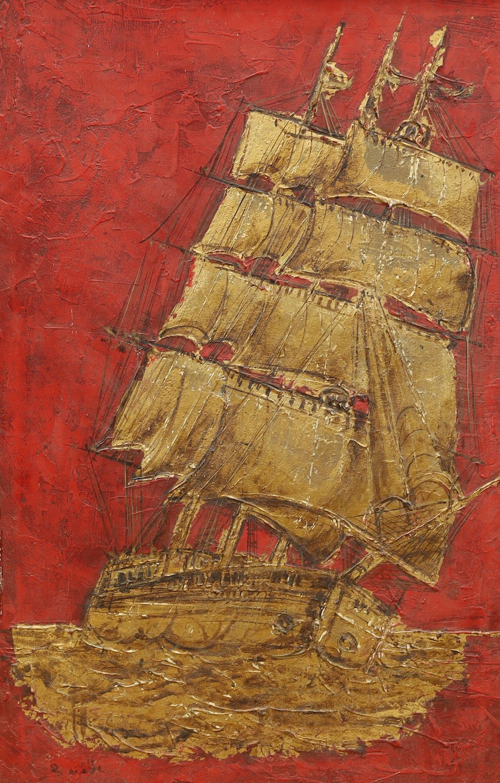 Berette (Unicorn Gallery), oil on canvas heightened with gold, Galleon at sea, signed, 90 x 60cm